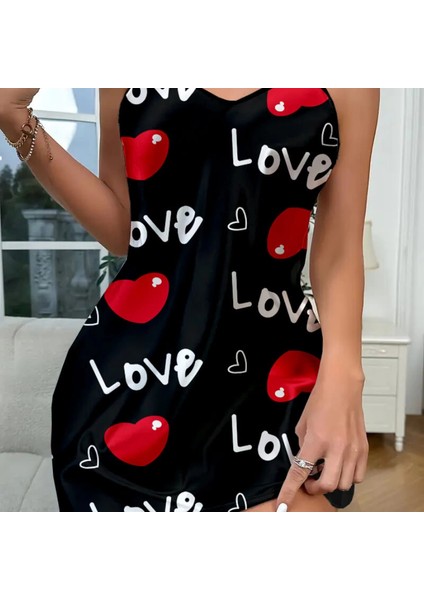 Love Desenli Siyah Saten Gecelik Siyah fiyatları