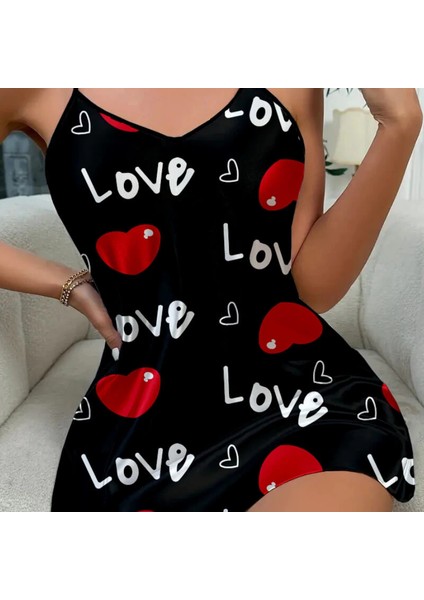 Love Desenli Siyah Saten Gecelik Siyah modelleri