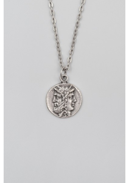 İki Yüzlü Janus Düz Ezme Zincir Kolye - Antik Gümüş Kaplama - Kadın Erkek - 60 cm