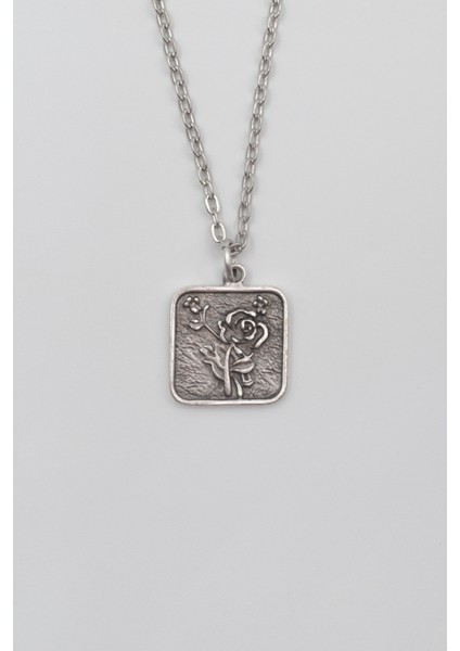 Otantik Gül Düz Ezme Zincir Kolye - Antik Gümüş Kaplama - Kadın Erkek - 60 cm