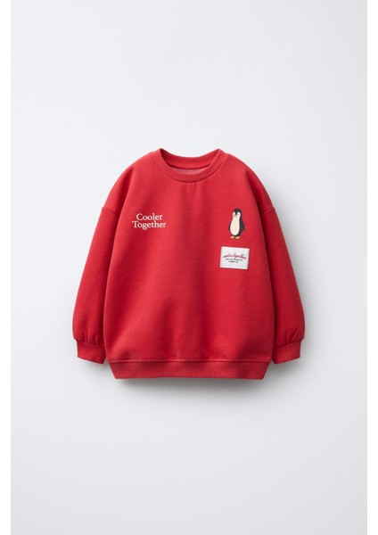 Erkek Çocuk Pamuklu Kırmızı Penguen Baskılı Sweat & Siyah Eşofman Takım – Oversize modelleri