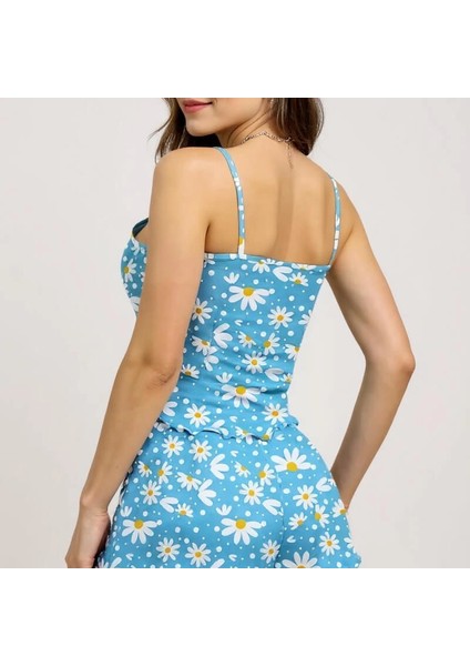 Papatya Baskılı Mavi Askılı Şortlu Pijama Takımı Açık Mavi