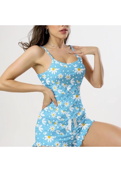 Papatya Baskılı Mavi Askılı Şortlu Pijama Takımı Açık Mavi fiyatları