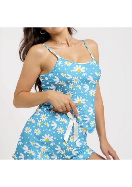 Papatya Baskılı Mavi Askılı Şortlu Pijama Takımı Açık Mavi modelleri
