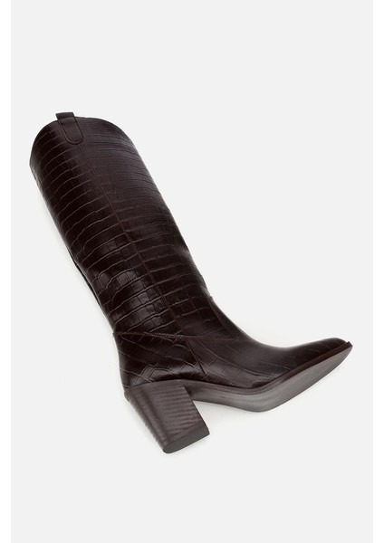 Kadın Kahverengi Kroko Desenli Kovboy Topuklu Çizme