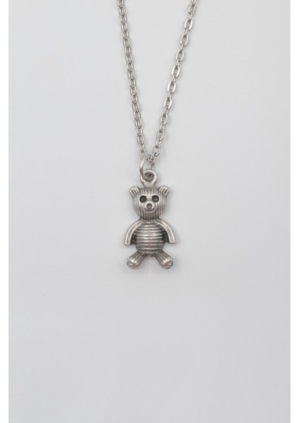 Oyuncak Ayı Düz Ezme Zincir Kolye - Antik Gümüş Kaplama - Kadın Erkek - 60 cm