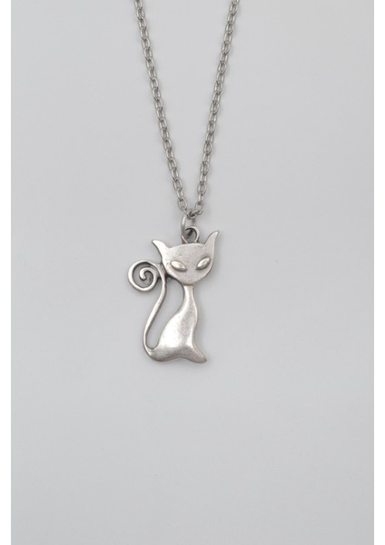 Mistik Kedi Düz Ezme Zincir Kolye - Antik Gümüş Kaplama - Kadın Erkek - 60 cm