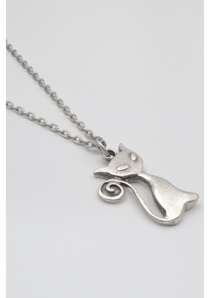 Mistik Kedi Düz Ezme Zincir Kolye - Antik Gümüş Kaplama - Kadın Erkek - 60 cm fiyatları