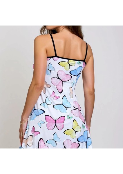 Renkli Kelebek Desenli Askılı Kadın Gecelik Renkli