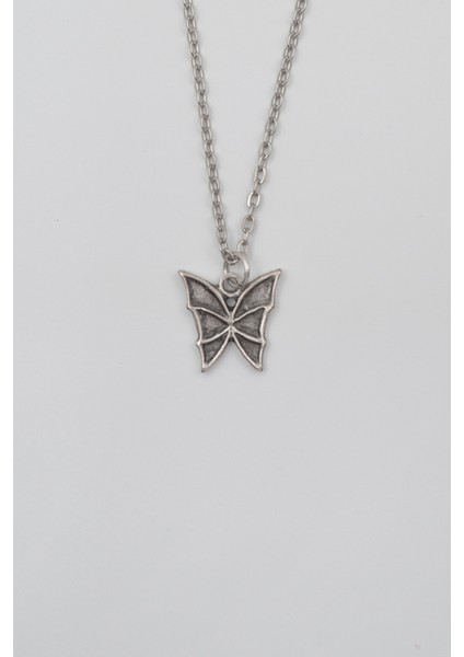Kelebek Düz Ezme Zincir Kolye - Antik Gümüş Kaplama - Kadın Erkek - 60 cm
