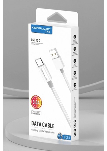 DC80 1m 3A USB To Type-C Hızlı Şarj Kablo - Beyaz fırsatları