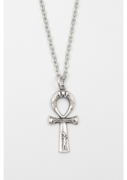 Ankh Yaşam Kolye - Düz Ezme İthal Zincirli Unisex Gümüş Kaplama Mısır Sembolü - 60 cm
