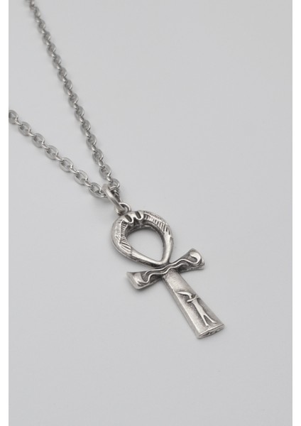 Ankh Yaşam Kolye - Düz Ezme İthal Zincirli Unisex Gümüş Kaplama Mısır Sembolü - 60 cm fiyatları