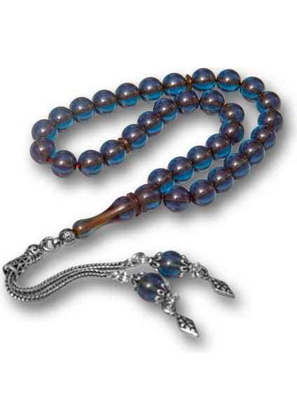 Hk Sıkma Kehribar Tesbih Gümüş Püsküllü Deniz Mavisi Yuvarlak |gümüş Takı Hediyelik Ürünler