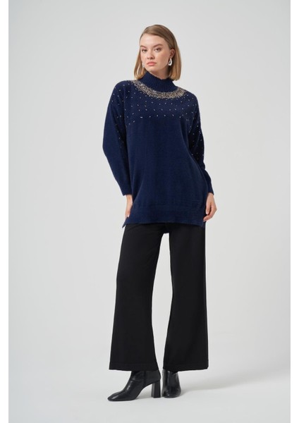 7003 Sıfır Yaka Serpme Boncuk Işlemeli Angora Tunik