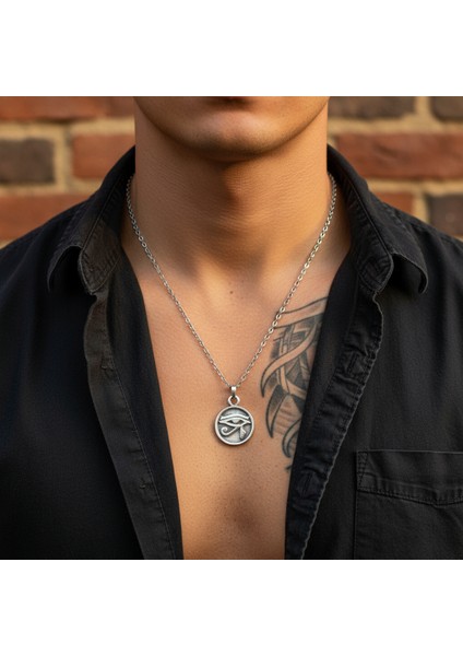 Güneş Tanrısı Ra'nın Gözü Madalyon Gümüş Kaplama Düz Zincir Kolye