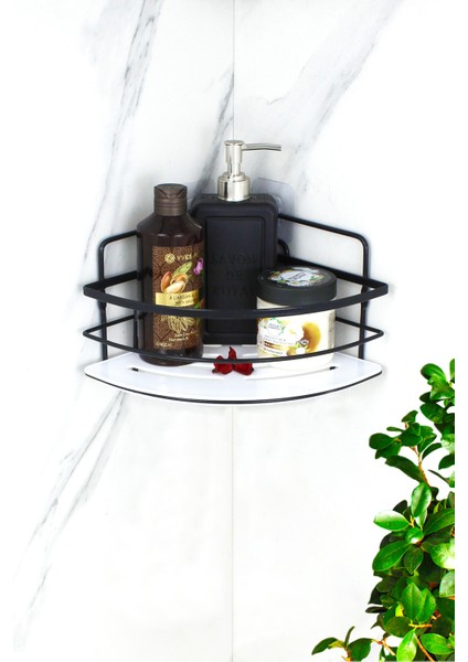 Şeffaf ve Siyah Paslanmaz Banyo Düzenleyici Köşeli Raf, Yapışkanlı ve Şık Tasarım