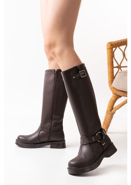 ZRİN-312 Premium Kahverengi Toka Aksesuarlı Fermuarlı Günlük Kadın Çizme