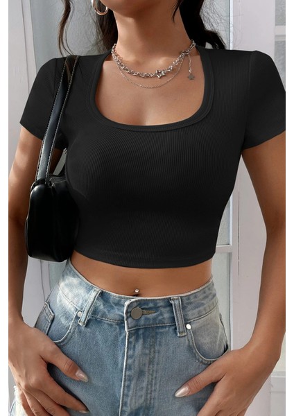 Kadın Siyah Yarım Kol Düz Yaka Crop Top Bluz %11 Elastan Normal Yaka Kesim indirimleri