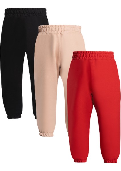 Erkek / Kız Çocuk 3'lü Cepsiz Jogger Eşofman Altı Paçası Lastikli Siyah Kırmızı Bej