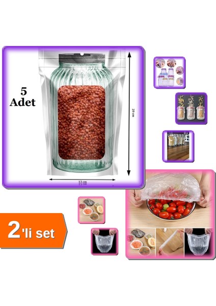 5 Adet Kavanoz Görünümlü Kilitli Saklama Poşeti + 100 Adet Lastikli Tencere Tabak Bonesi - 2li Set