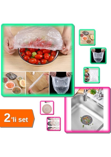 100 Adet Lastikli Tazeliği Koruyan Tencere ve Tabak Bonesi + Yuvarlak Lavabo Süzgeci - 2li Set F1M4N