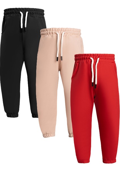 Erkek / Kız Çocuk 3'lü Cepli Jogger Eşofman Altı Paçası Lastikli Siyah Kırmızı Bej