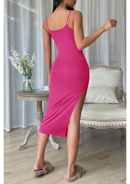 Kadın Fuşya Yırtmaçlı Diz Altı Vücüdu Saran Gecelik fiyatları