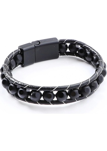 Desenli Oniks Doğaltaşlı Deri Bileklik 33512B2D8M2