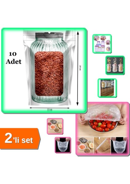 10 Adet Kavanoz Görünümlü Kilitli Saklama Poşeti + 100 Adet Lastikli Tencere Tabak Bonesi - 2li