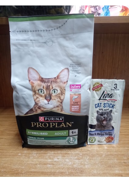 Kısırlaştırılmış Yetişkin Kedi Kuru Mama Somonlı 1.5 Kg+2 Paket Tahılsız Ton Balıklı&karidesli Stick