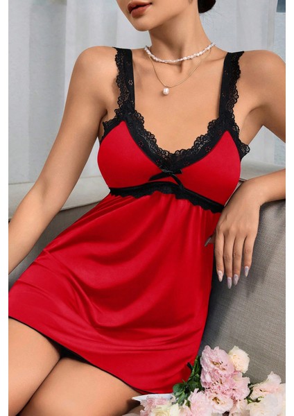 Kadın Kırmızı Dantel Asılı Fiyonk Detaylı Gecelik Takımı