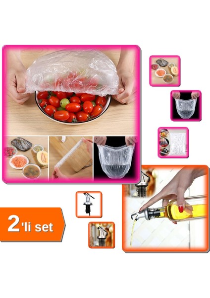 100 Adet Lastikli Tencere Tabak Bonesi + 3 Adet Kapaklı Şişe Ucu Yağdanlık Tıpa - 2li Set C5M5J5