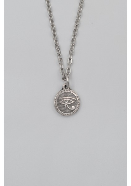 Horus'un Gözü Düz Ezme Zincir Kolye - Antik Gümüş Kaplama - Kadın Erkek - 60 cm