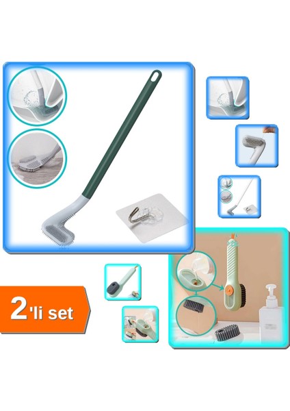 Golf Sopası Tasarımlı Silikon Wc Fırçası + Deterjan Hazneli Ayakkabı Temizleme Fırça - 2li Set H3H7S