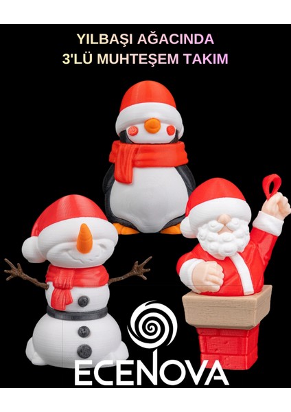 Yılbaşı Temalı 3'lü Dekoratif Figür Seti - Penguen, Kardan Adam, Noel Baba