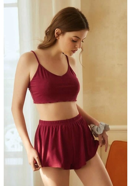 Kadın Bordo Şortlu Kaşkorse Gecelik Takım