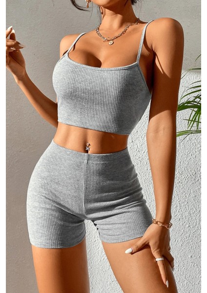 Kadın Gri Melanj Şortlu Kaşkorse Gecelik Takım