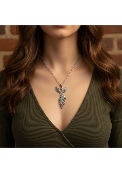 Efsanevi Zümrüdü Anka Kuşu Gümüş Kaplama Düz Zincir Kolye