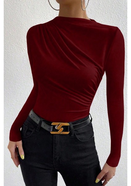 Kadın Bordo Belden ve Boyundan Büzgü Detaylı Uzun Kollu Bluz fırsatları