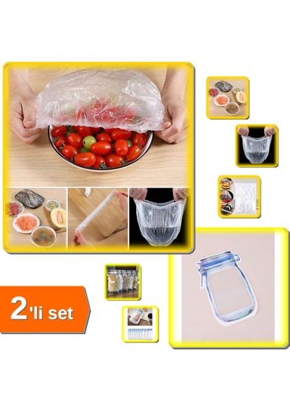 100 Adet Lastikli Tencere Tabak Bonesi + 1 Adet 620 ml Kavanoz Görünümlü Kilitli Saklama Poşeti -2li