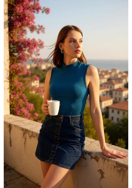 Kadın Mavi Kolsuz Balıkçı Yaka Basic Bluz modelleri