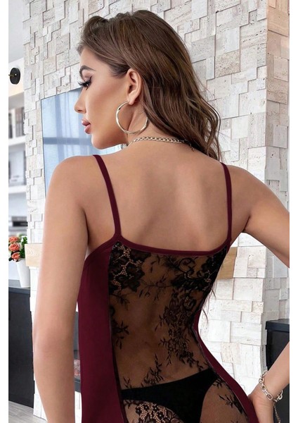 Kadın Bordo Sırt Kısmı Komple Dantelli Mini Gecelik modelleri