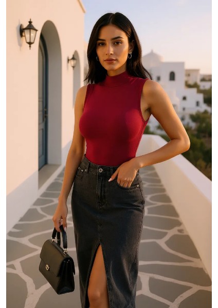 Kadın Bordo Kolsuz Balıkçı Yaka Basic Bluz fırsatları