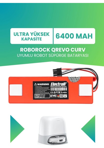Roborock Qrevo Curv Uyumlu Batarya (Ultra Yüksek Kapasite) 6400MAH Robot Süpürge Bataryası
