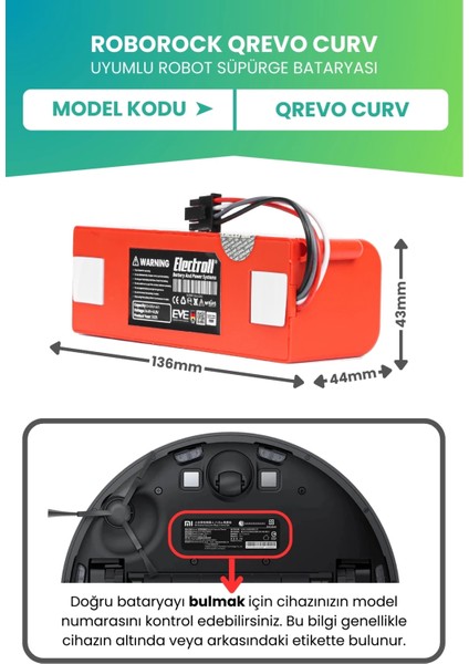 Roborock Qrevo Curv Uyumlu Batarya (Ultra Yüksek Kapasite) 6400MAH Robot Süpürge Bataryası fiyatları