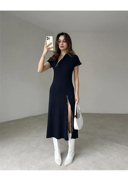 Kadın Kısa Kollu Yakadan ve Etekten Fermuarlı Midi Viskon Iki Iplik Elbise indirimleri