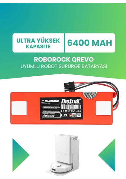 Roborock Qrevo Uyumlu Batarya (Ultra Yüksek Kapasite) 6400MAH Kutulu Robot Süpürge Pil Değişimi