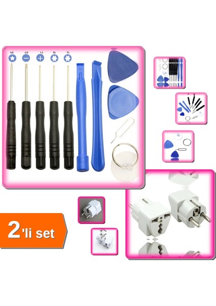11 Parça Elektronik Tamir Seti + Yeni Model Universal Seyahat Tipi Priz Adaptörü - 2li Set P5Z9U3