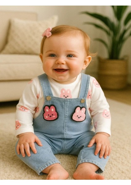 Ayıcık Işleme Detaylı Kız Bebe 2 Li Salopet Yumuşak Kotlu Takım - Açık Mavi